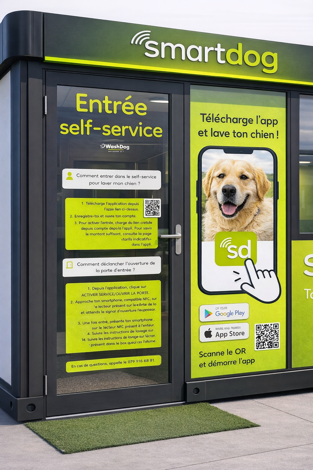 Entrée self-service d'un centre SmartDog avec instructions et QR code