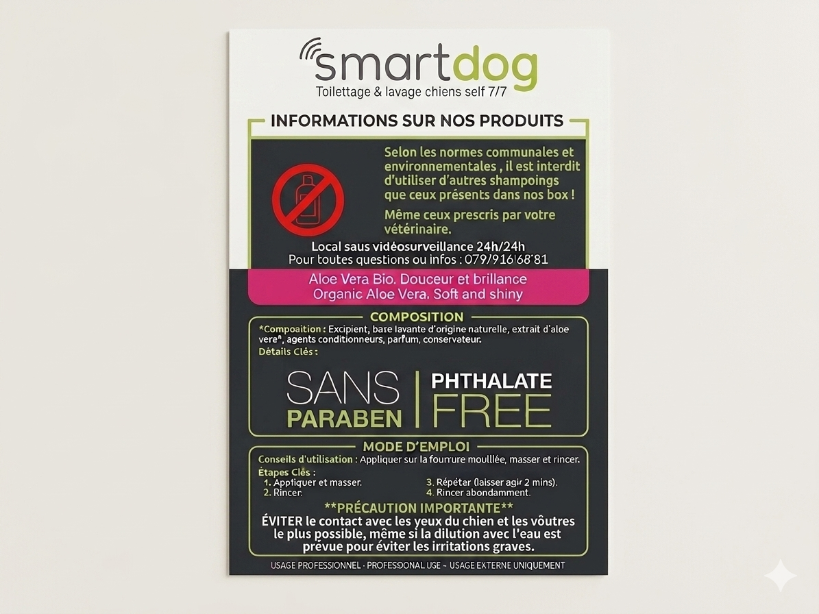 Shampoing professionnel Aloe Vera Bio sans paraben utilisé dans les box SmartDog
